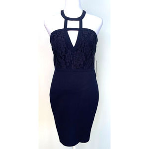 Lulu's Women's Navy Lined Sheath Pencil Dress w/ Lace Top & Cutout Size Small